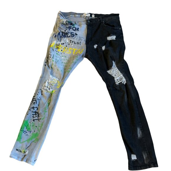 FWRD DENIM MENS GRAFFITI ART WORK STYLE SPLIT LEG GREY JEANS SIZE 38 WAIST - Picture 2 of 2